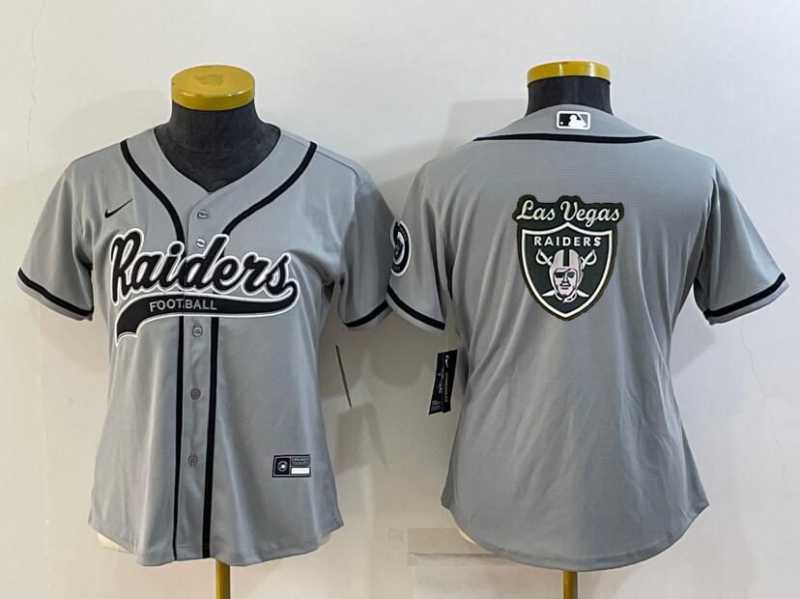 Womens Las Vegas Raiders Grey Team Big Logo With Patch Cool Base Stitched Baseball Jersey